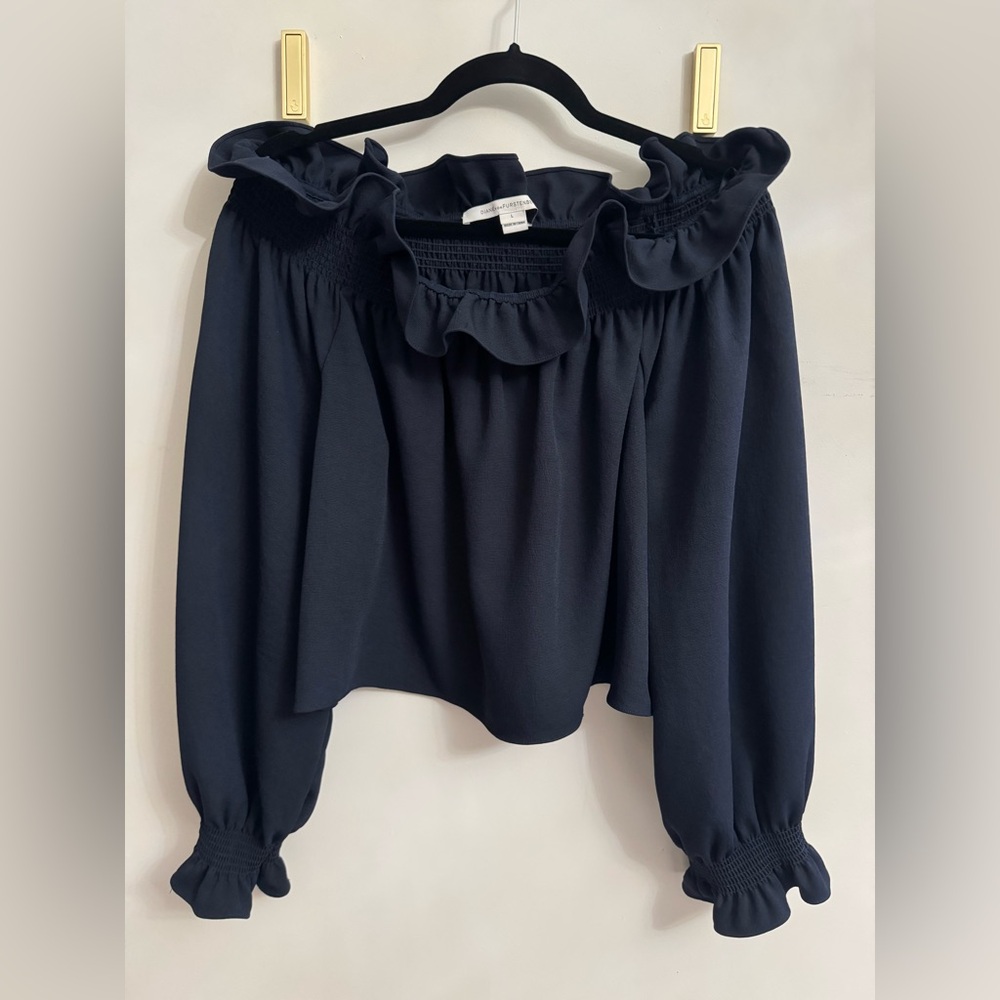 Diane Von Furstenberg Georgie Midnight Blue Ruffled Off the shoulder Blouse
